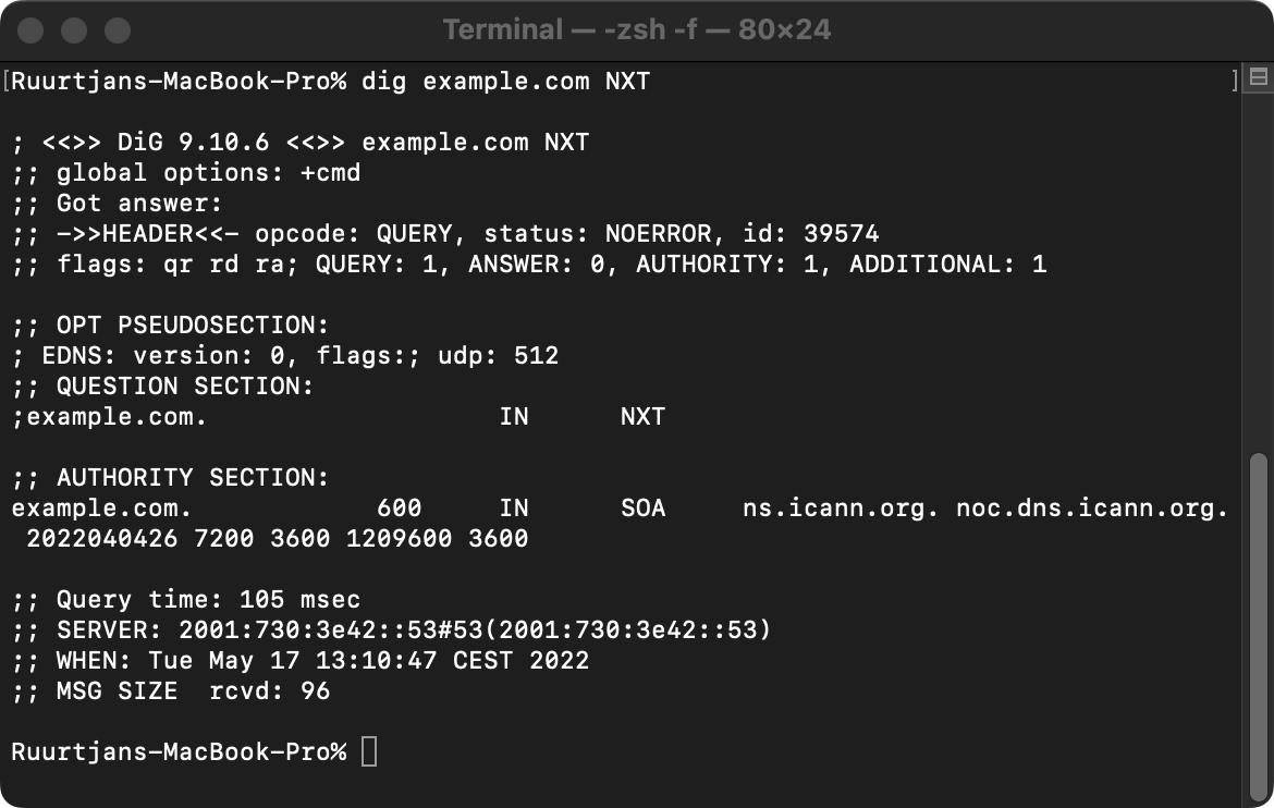 Example output of a NXT lookup query